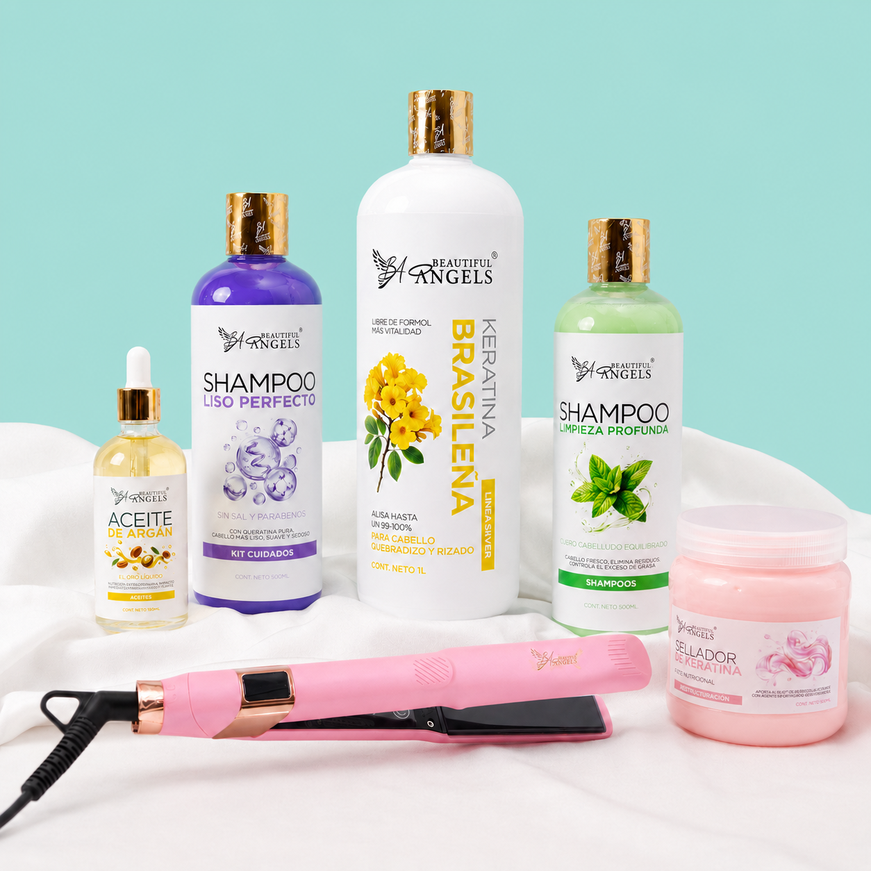 Kit Keratina Brasileña Silver 1L + Shampoo Limpieza Profunda 500ml + Shampoo Liso Perfecto 500ml + Sellador de Keratina 250ml + Aceite de Argán 100ml + Plancha Beautiful Angels