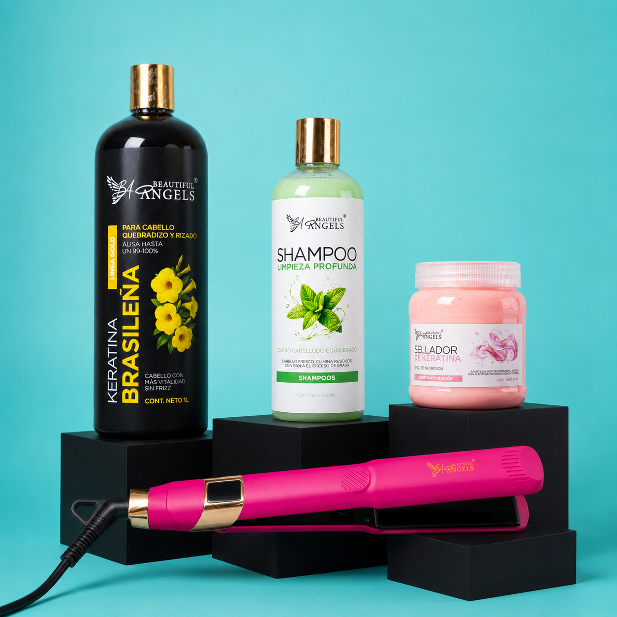 Kit Keratina Brasileña Gold 1L + Shampoo Limpieza 500ml + Sellador de Keratina 250ml + Plancha Beautiful Angels