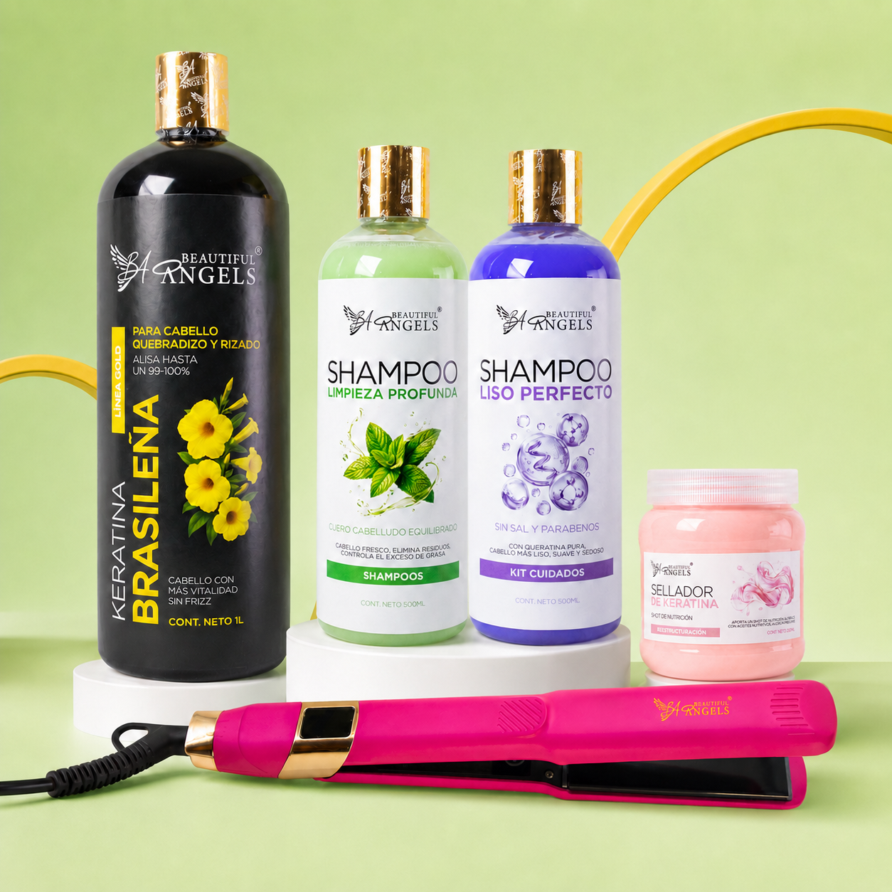 Kit Keratina Brasileña Gold 1L + Shampoo Limpieza 500ml + Shampoo Liso 500ml + Sellador de Keratina 250ml + Plancha Beautiful Angels