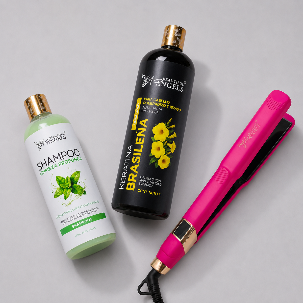 Kit Keratina Brasileña Gold 1L + Shampoo Limpieza Profunda 500ml + Plancha Beautiful Angels