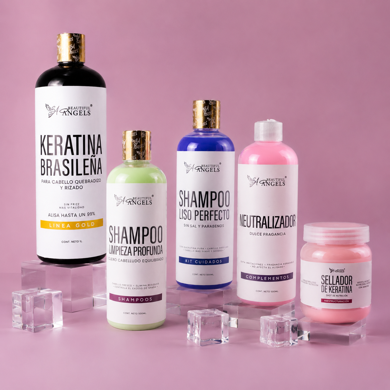 Kit Keratina Brasileña Gold + Shampoo Limpieza Profunda + Shampoo Liso Perfecto + Neutralizador + Sellador de Keratina: Del cabello esponjado al liso con vida: prepara, alisa, sella y prolonga.