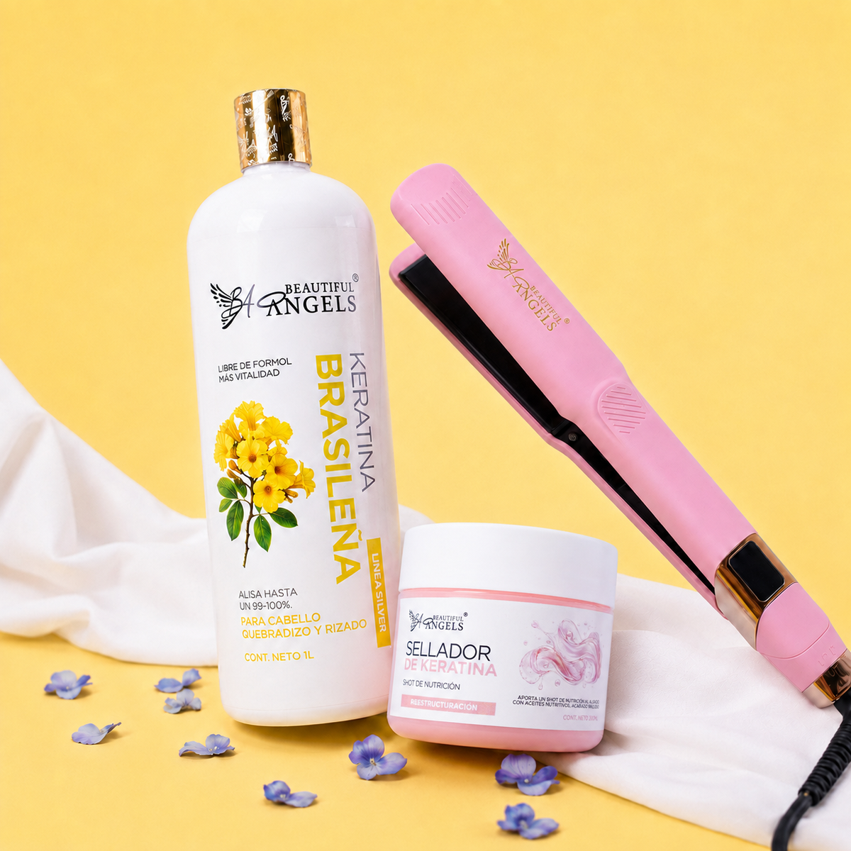 Kit Keratina Brasileña Silver 1L + Sellador de Keratina 250ml + Plancha Beautiful Angels