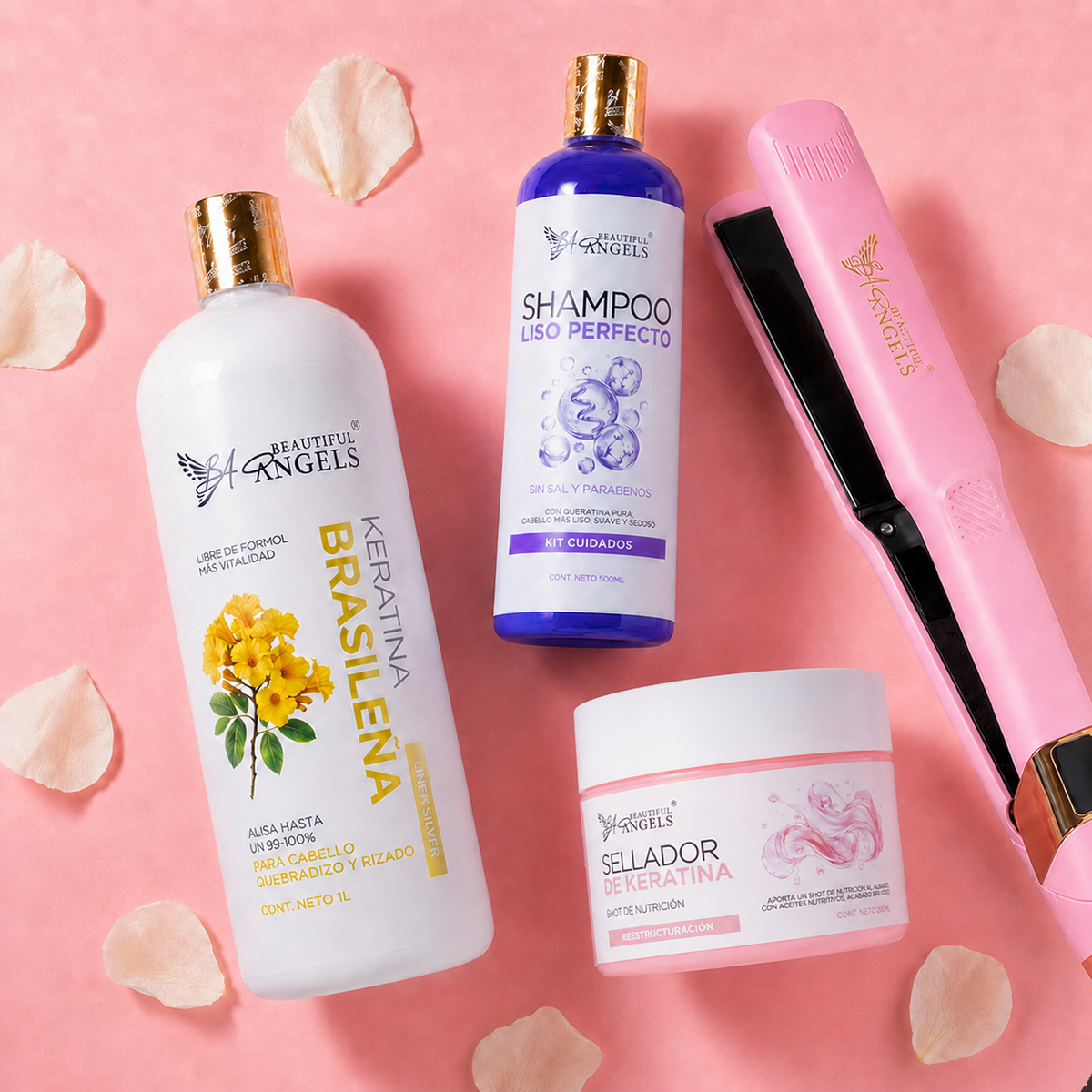 Kit Keratina Brasileña Silver 1L + Shampoo Liso Perfecto 500ml + Sellador de Keratina 250ml + Plancha Beautiful Angels