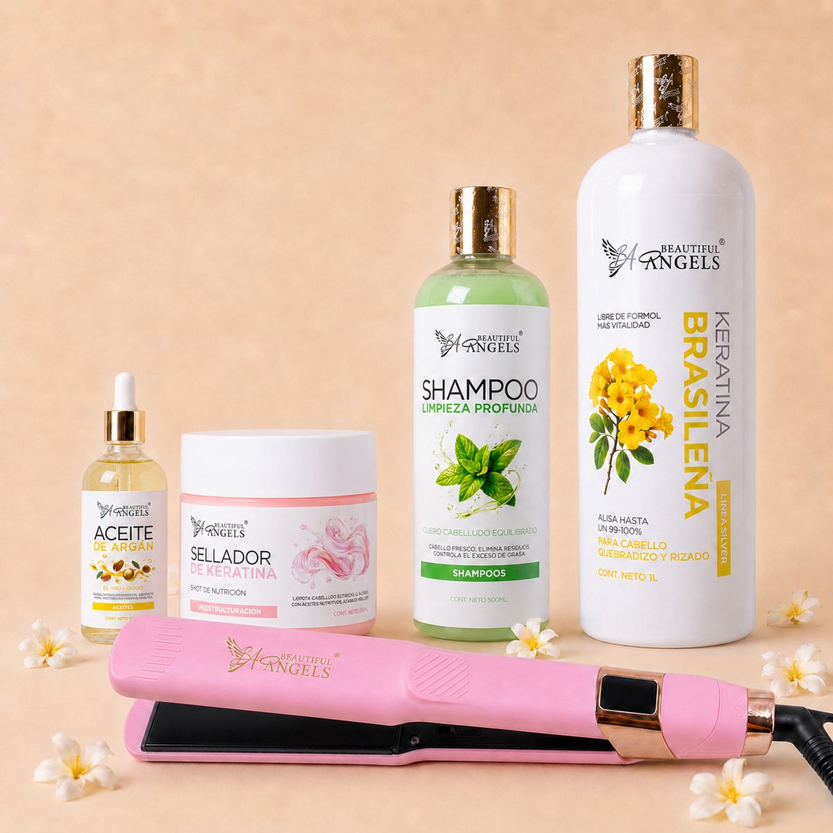 Kit Keratina Brasileña Silver 1L + Shampoo Limpieza Profunda 500ml + Sellador de Keratina 250ml + Aceite de Argán 100ml + Plancha Beautiful Angels