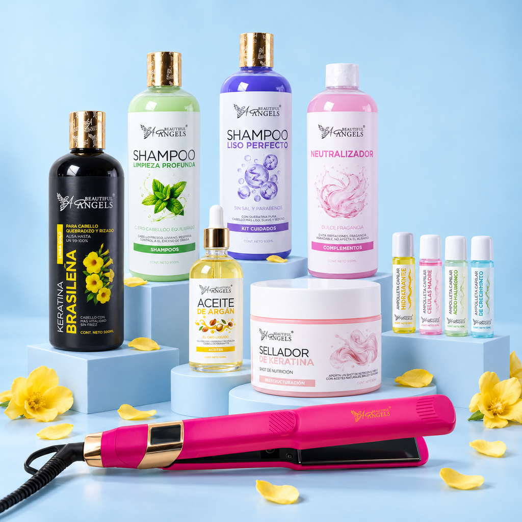 Kit Profesional Keratina Brasileña Gold Beautiful Angels 500ml-Alisado Natural para Cabello Quebradizo, Rizado y Esponjoso, Cabello con Vida, Fuerza y Brillo
