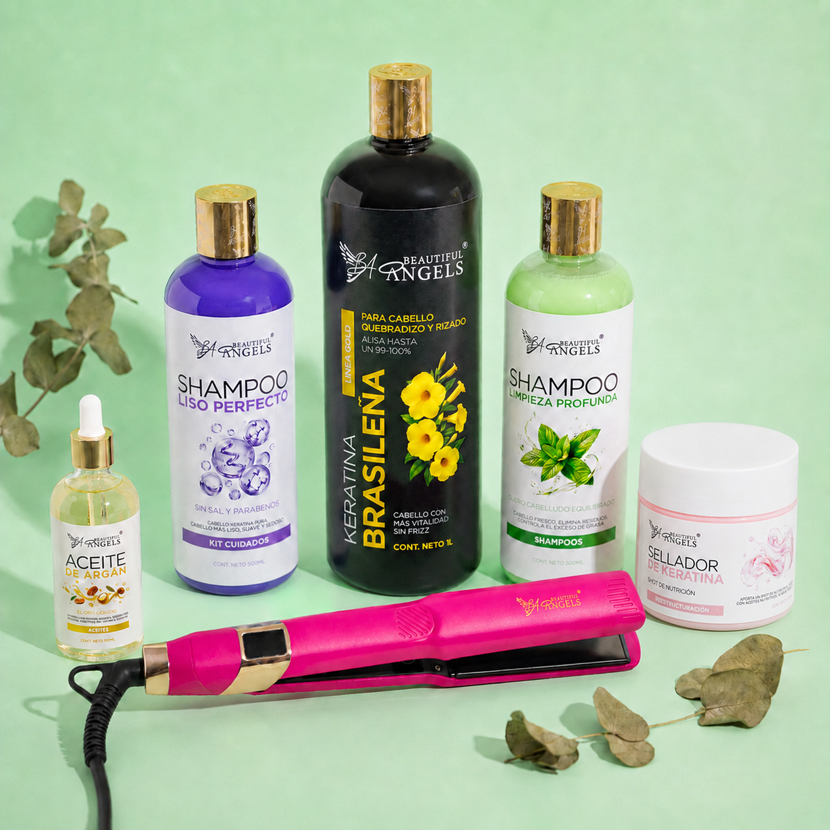 Kit Keratina Brasileña Gold 1L + Shampoo Limpieza 500ml + Shampoo Liso 500ml + Sellador de Keratina 250ml + Aceite de Argán 100ml + Plancha Beautiful Angels
