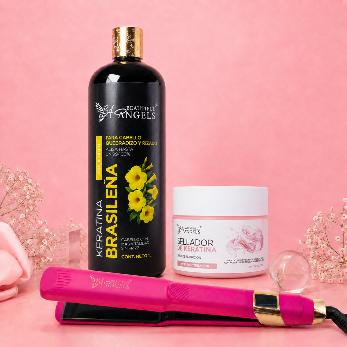 Kit Keratina Brasileña Gold 1L + Sellador de Keratina 250ml + Plancha Beautiful Angels