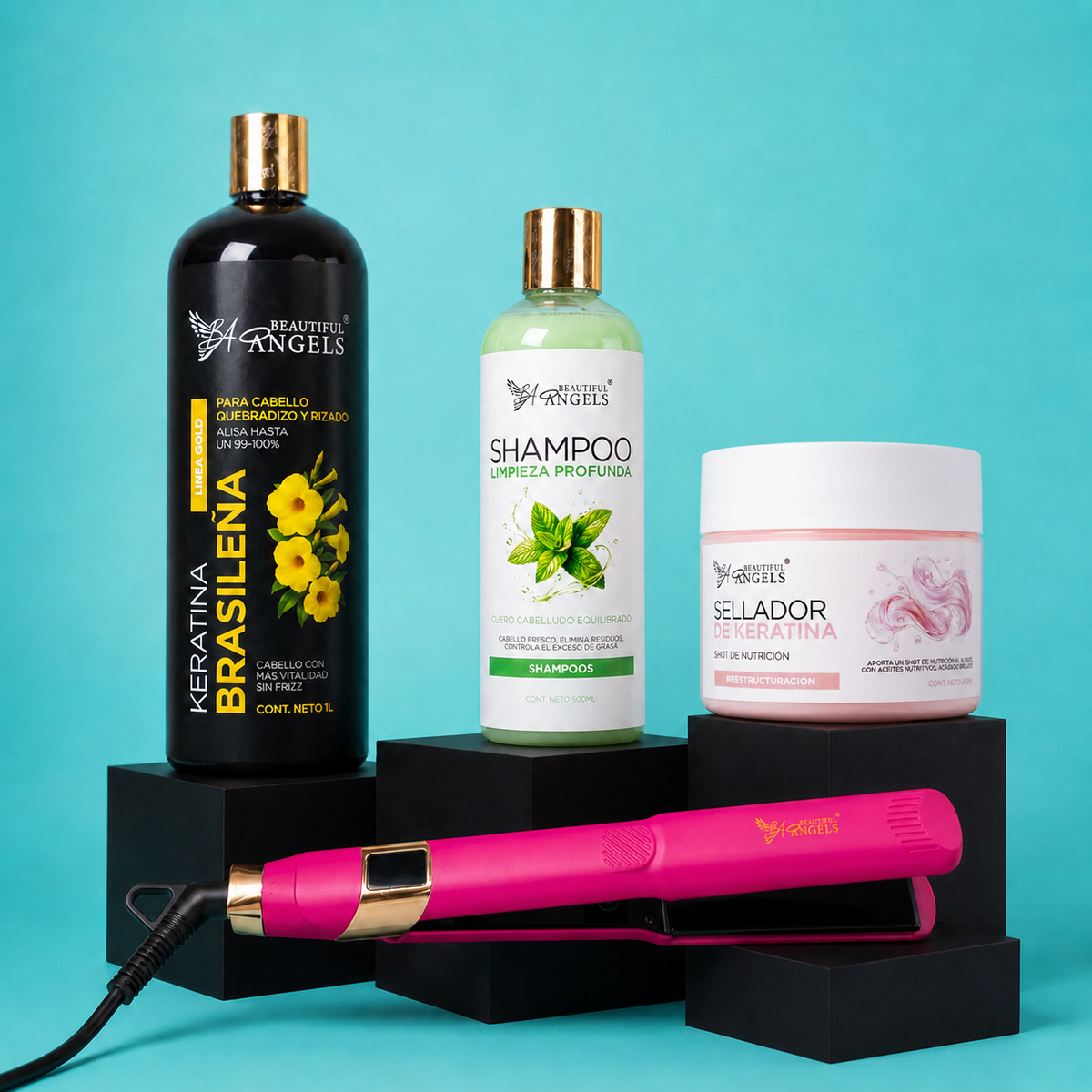 Kit Keratina Brasileña Gold 1L + Shampoo Limpieza 500ml + Sellador de Keratina 250ml + Plancha Beautiful Angels
