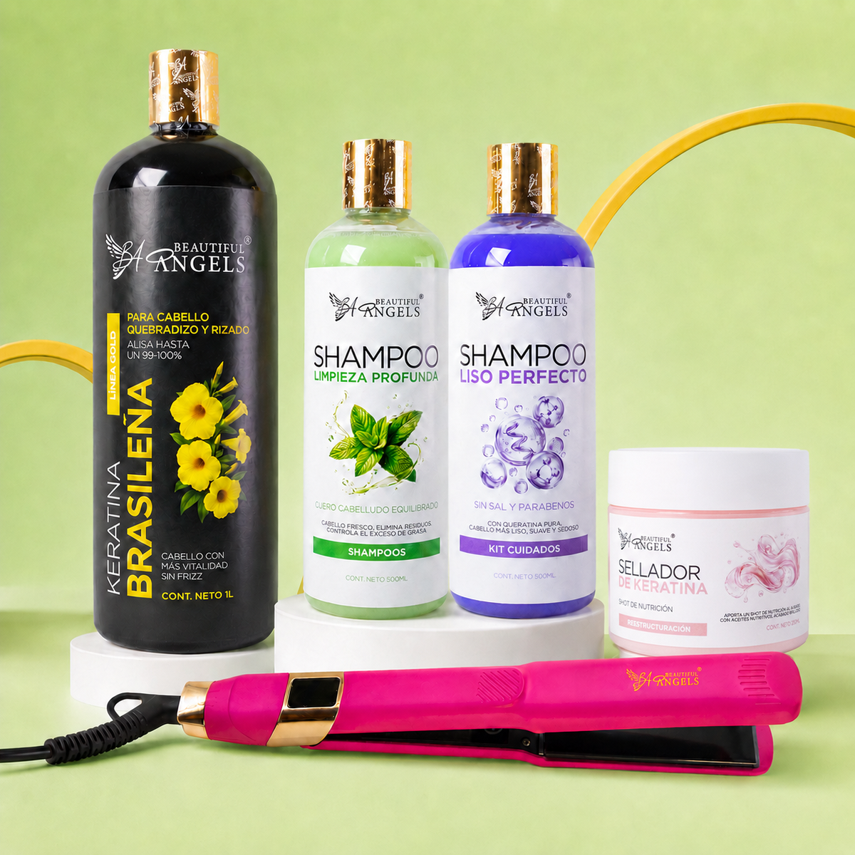 Kit Keratina Brasileña Gold 1L + Shampoo Limpieza 500ml + Shampoo Liso 500ml + Sellador de Keratina 250ml + Plancha Beautiful Angels
