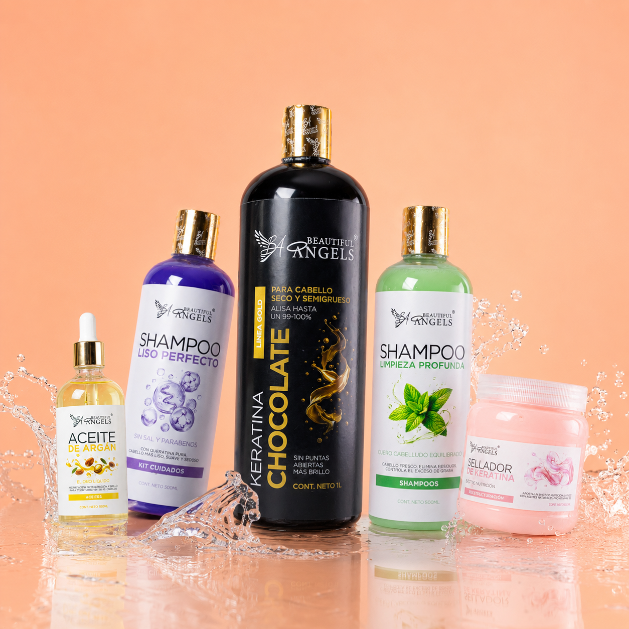 kit keratina Chocolate Gold 1L + Shampoo limpieza profunda 500ml + Shampoo liso perfecto 500ml+ sellador 250ml + Aceite argán