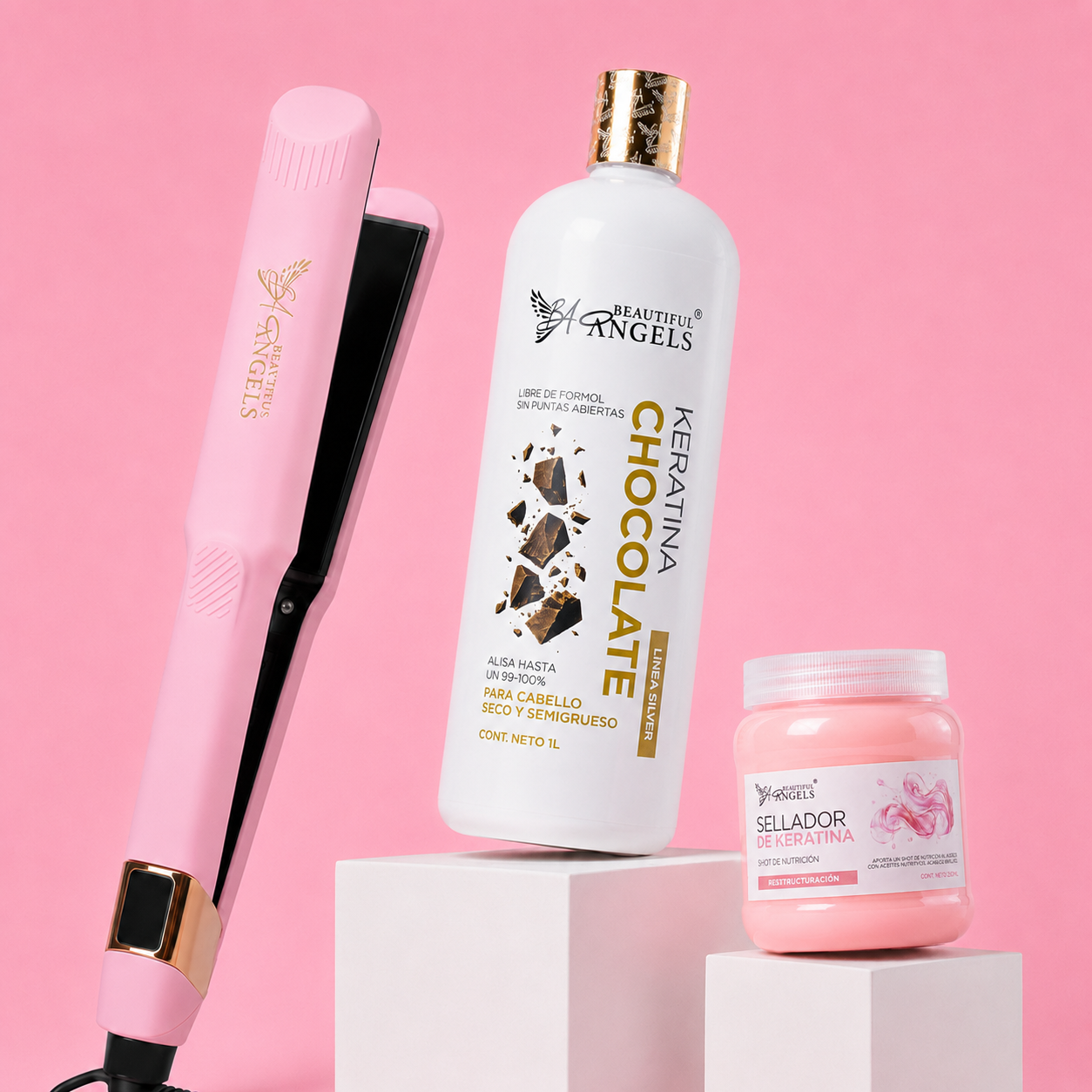 Kit Keratina Chocolate Silver 1L + Sellador de Keratina 250ml + Plancha Beautiful Angels