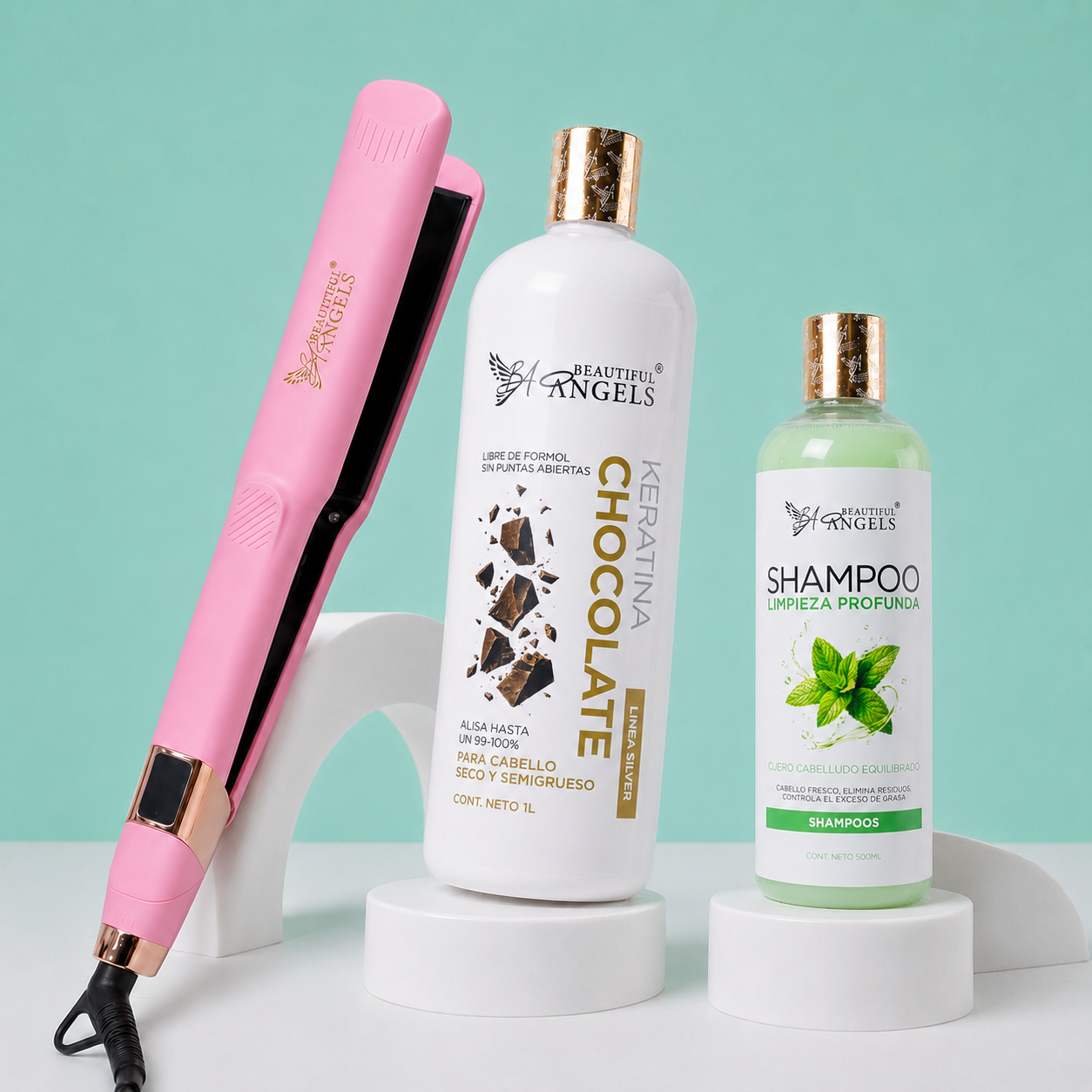 Kit Keratina Chocolate Silver 1L + Shampoo Limpieza Profunda 500ml + Plancha Beautiful Angels