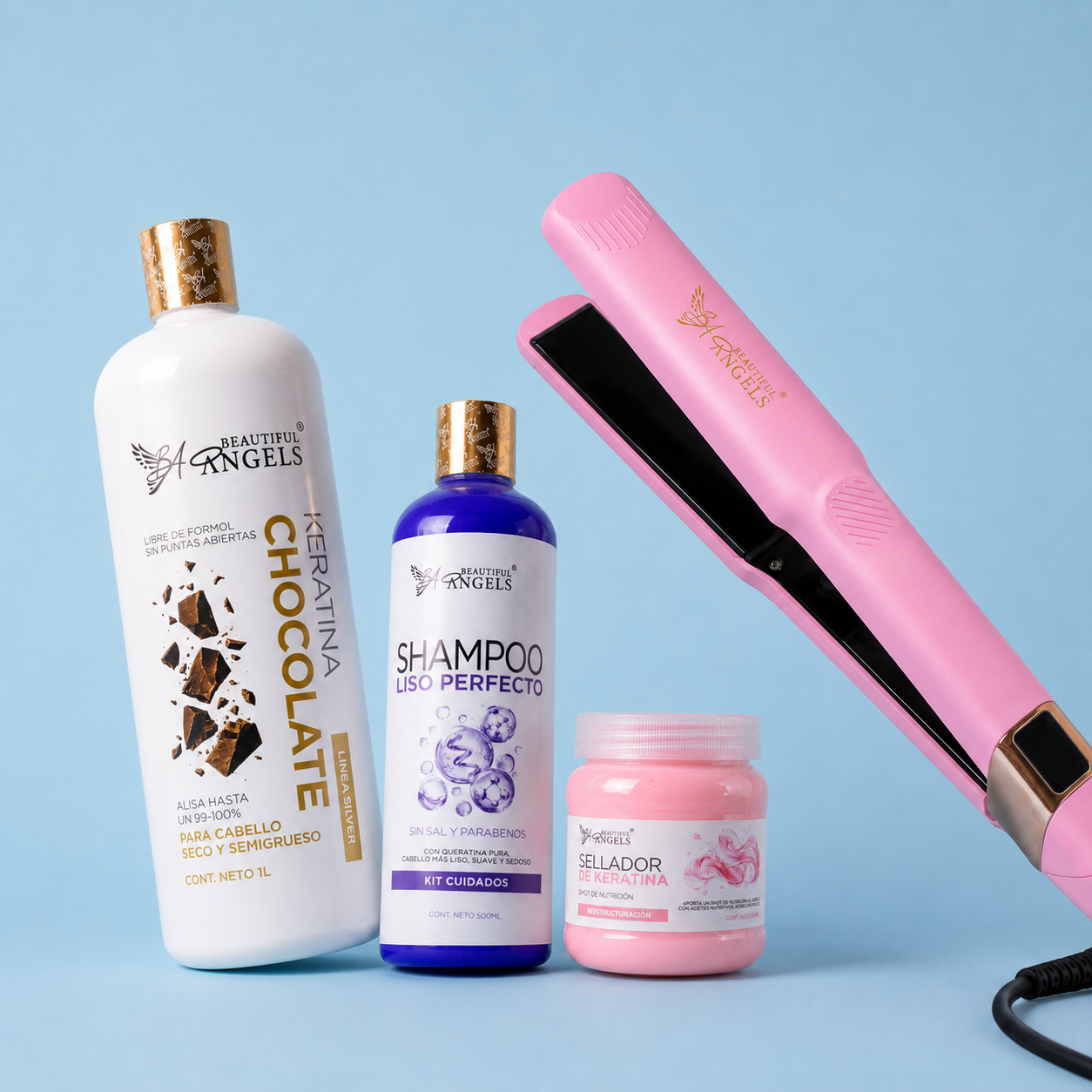 Kit Keratina Chocolate Silver 1L + Shampoo Liso Perfecto 500ml + Sellador de Keratina 250ml + Plancha Beautiful Angels