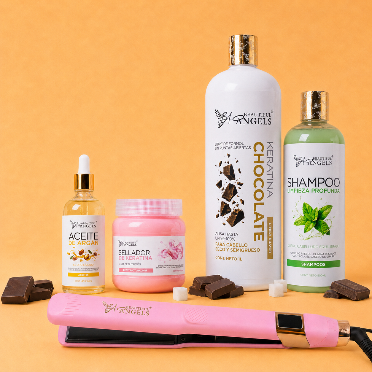 Kit Keratina Chocolate Silver 1L + Shampoo Limpieza Profunda 500ml + Sellador de Keratina 250ml + Aceite de Argán 100ml + Plancha Beautiful Angels