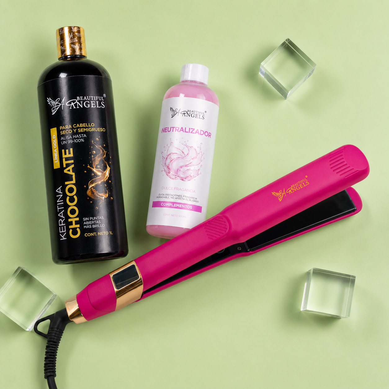 Kit Keratina Chocolate Gold 1L + Neutralizador 500ml + Plancha Beautiful Angels