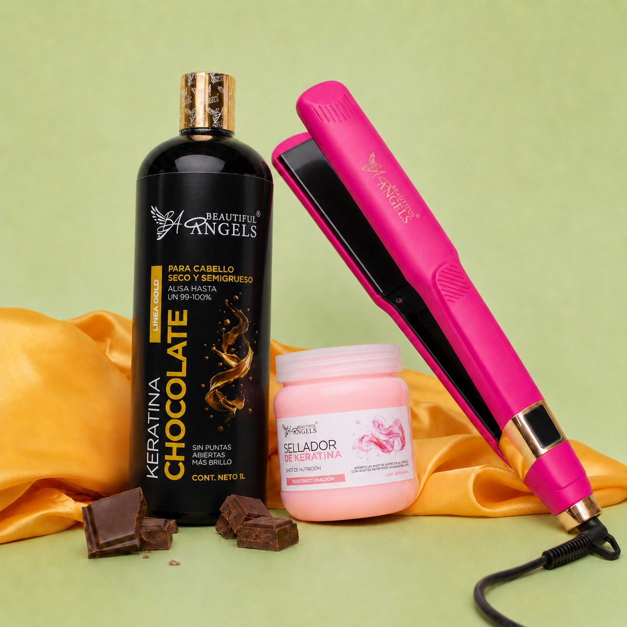 Kit Keratina Chocolate Gold 1L + Sellador de Keratina 250ml + Plancha Beautiful Angels