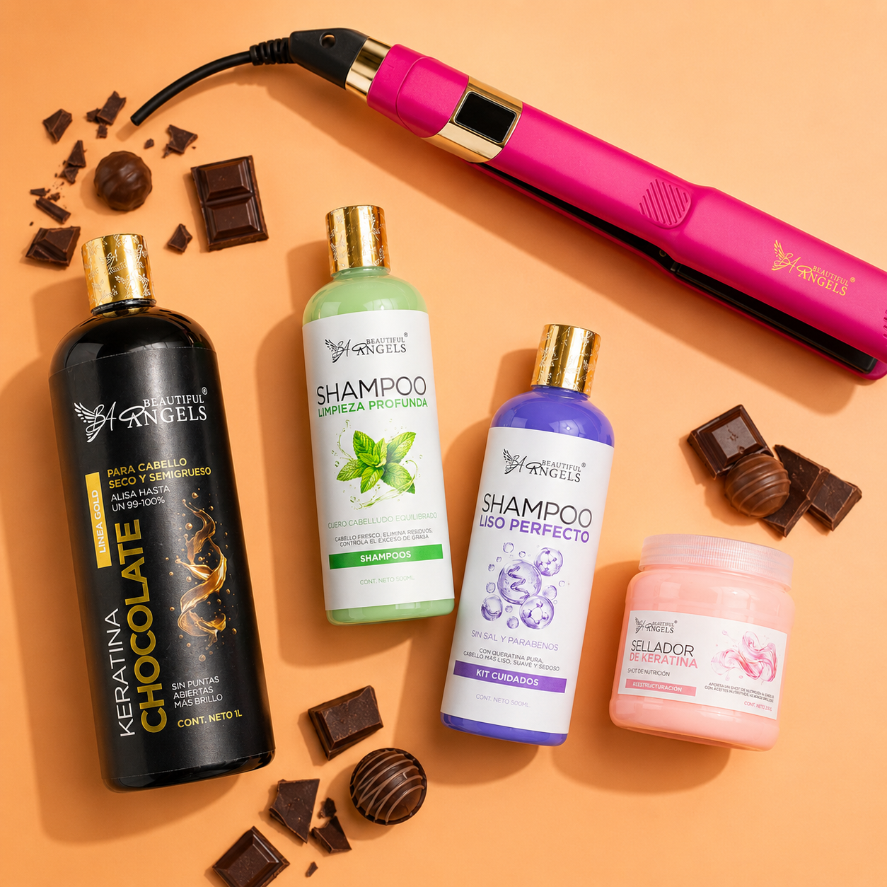 Kit Keratina Chocolate Gold 1L + Shampoo Limpieza 500ml + Shampoo Liso 500ml + Sellador de Keratina 250ml + Plancha Beautiful Angels