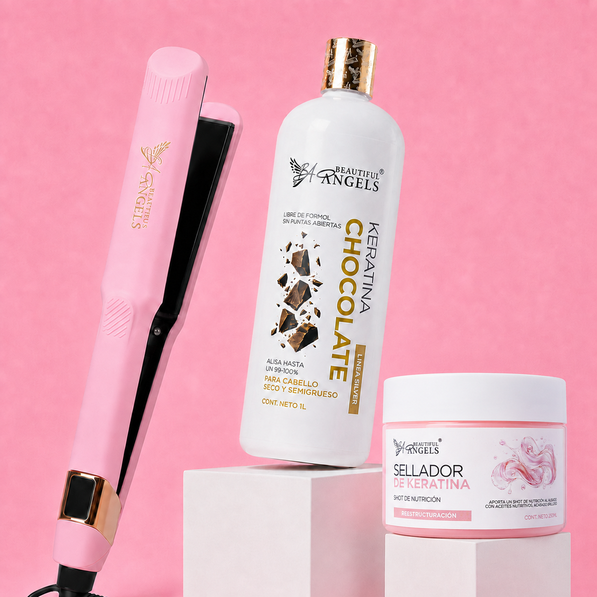 Kit Keratina Chocolate Silver 1L + Sellador de Keratina 250ml + Plancha Beautiful Angels