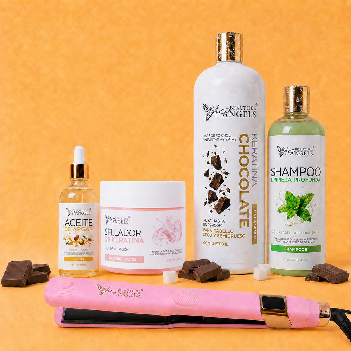 Kit Keratina Chocolate Silver 1L + Shampoo Limpieza Profunda 500ml + Sellador de Keratina 250ml + Aceite de Argán 100ml + Plancha Beautiful Angels