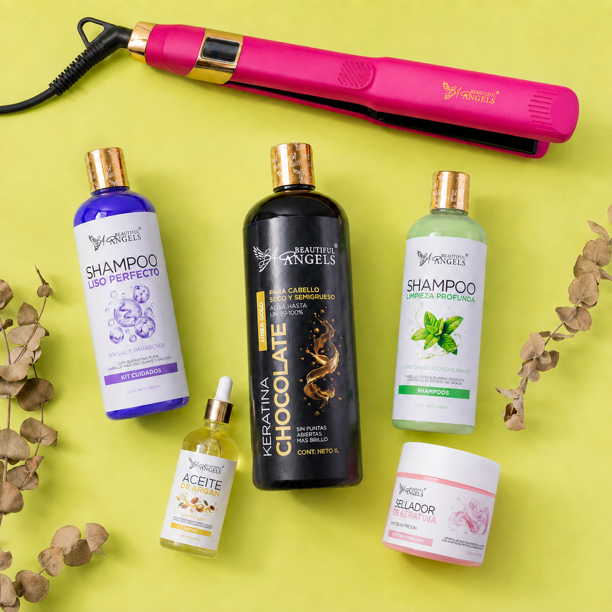 Kit Keratina Chocolate Gold 1L + Shampoo Limpieza 500ml + Shampoo Liso 500ml + Sellador de Keratina 250ml + Aceite de Argán 100ml + Plancha Beautiful Angels