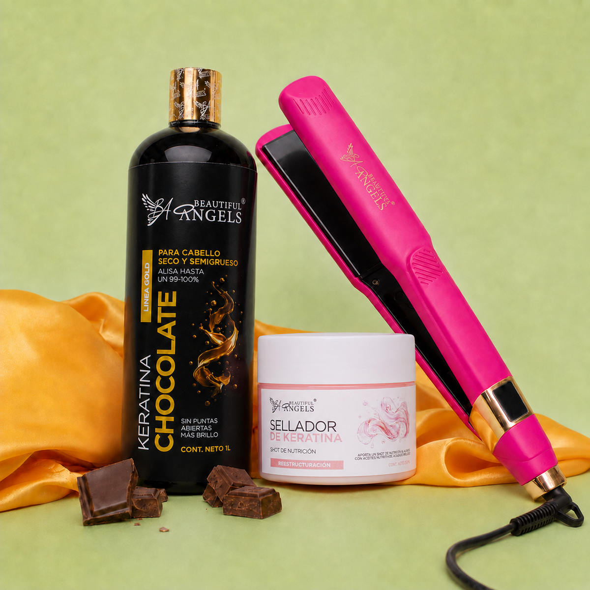 Kit Keratina Chocolate Gold 1L + Sellador de Keratina 250ml + Plancha Beautiful Angels