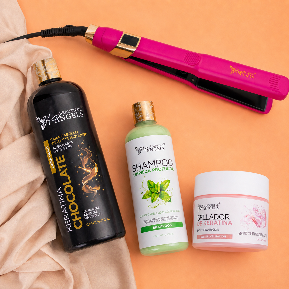 Kit Keratina Chocolate Gold 1L + Shampoo Limpieza 500ml + Sellador de Keratina 250ml + Plancha Beautiful Angels