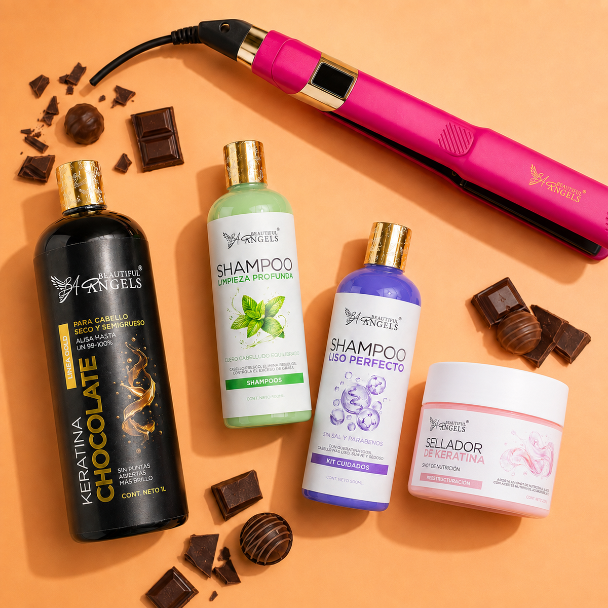Kit Keratina Chocolate Gold 1L + Shampoo Limpieza 500ml + Shampoo Liso 500ml + Sellador de Keratina 250ml + Plancha Beautiful Angels