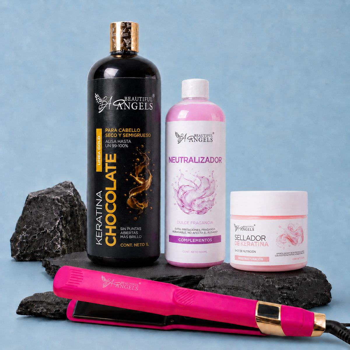 Kit Keratina Chocolate Gold 1L+ Neutralizador 500ML + Sellador de Keratina 250ML + Plancha Profesional Beautiful Angels
