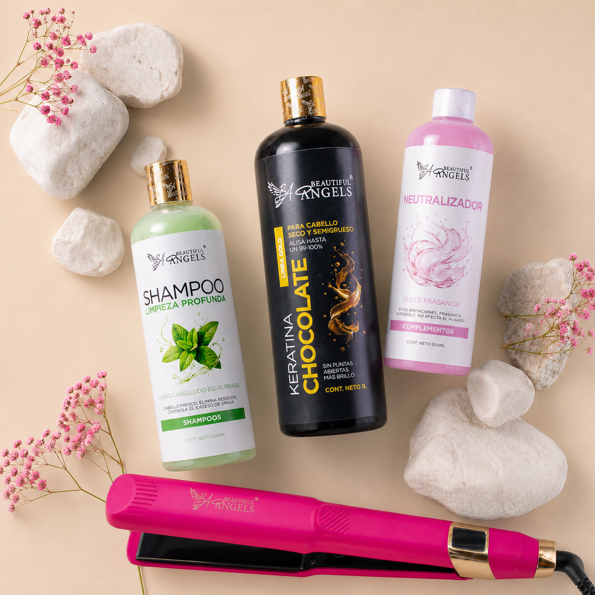 Kit Keratina Chocolate Gold 1L + Shampoo Limpieza Profunda 500ML + Neutralizador 500ML + Plancha Profesional Beautiful Angels