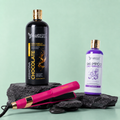 Kit Keratina Chocolate Gold 1L + Shampoo Liso Perfecto 500ml + Plancha Beautiful Angels