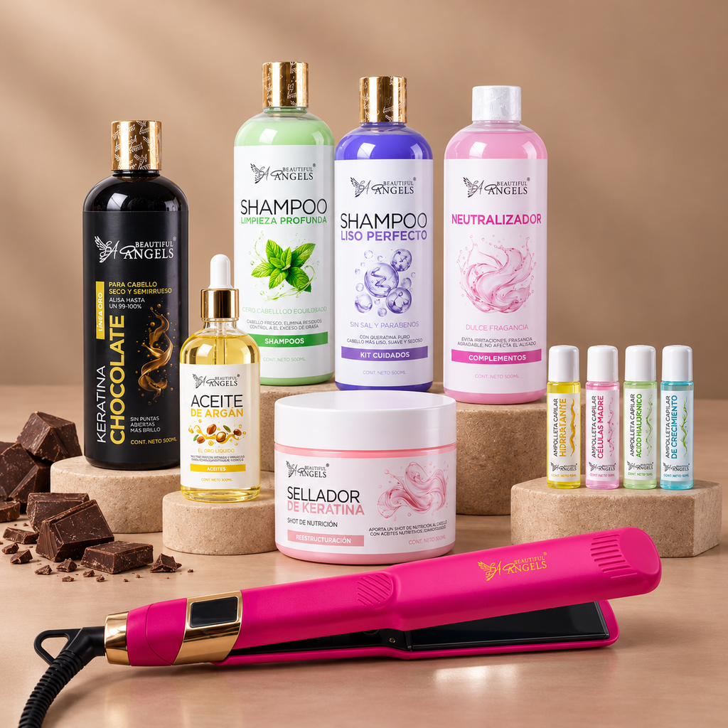 Kit Profesional Keratina Chocolate Gold Beautiful Angels 500ml— Brillo Intenso con Aroma a Chocolate y Protección Térmica, Protege de las Altas Temperaturas