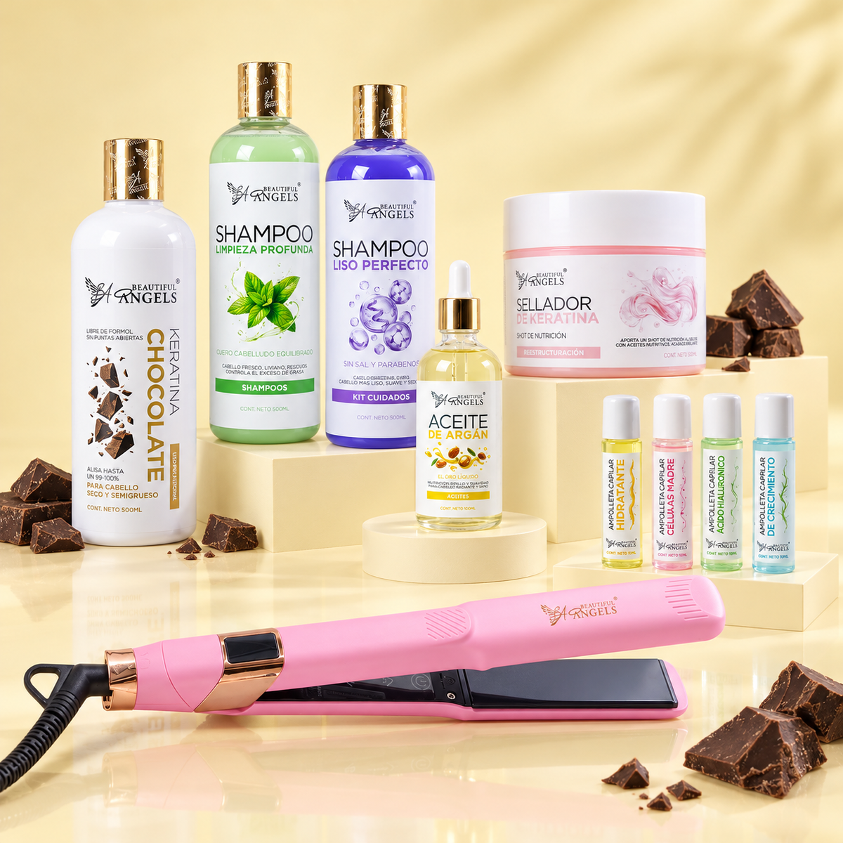 Kit Profesional Keratina Chocolate Silver Beautiful Angels 500ml- Cabello Manejable, Liviano y Super Brilloso, con Aroma a Chocolate
