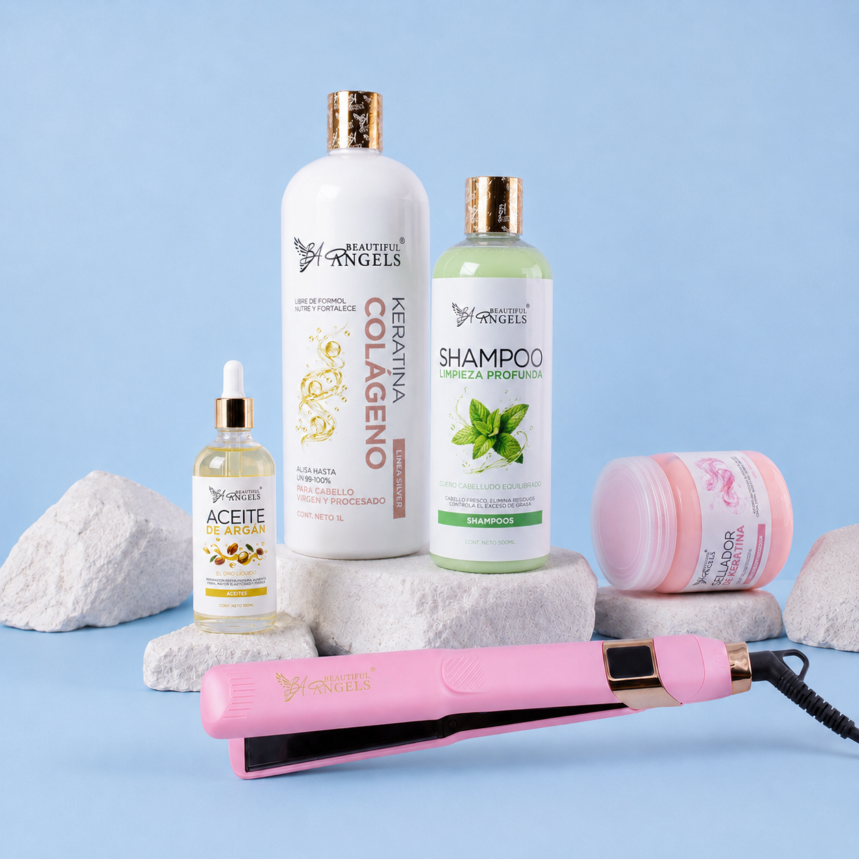 Kit Keratina Colágeno Silver 1L + Shampoo Limpieza Profunda 500ml + Sellador de Keratina 250ml + Aceite de Argán 100ml + Plancha Beautiful Angels