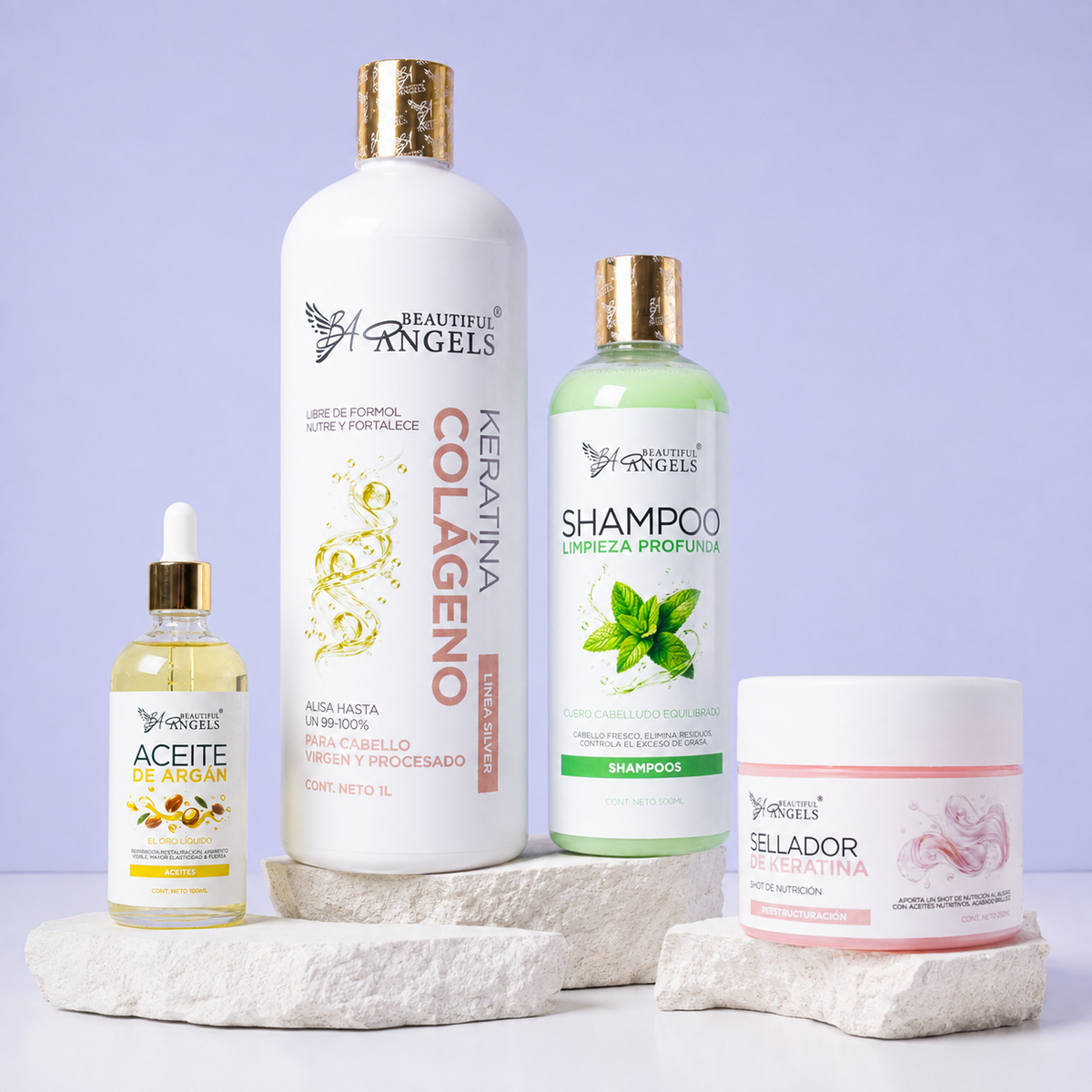 Kit Keratina Colágeno Silver 1L + Shampoo Limpieza Profunda 500ML + Sellador de Keratina 250ML + Aceite de Argán 100ML
