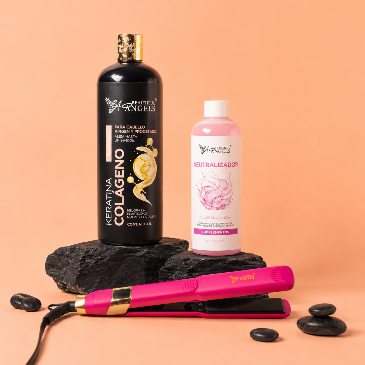 Kit Keratina Colágeno Gold 1L + Neutralizador 500ml + Plancha Beautiful Angels
