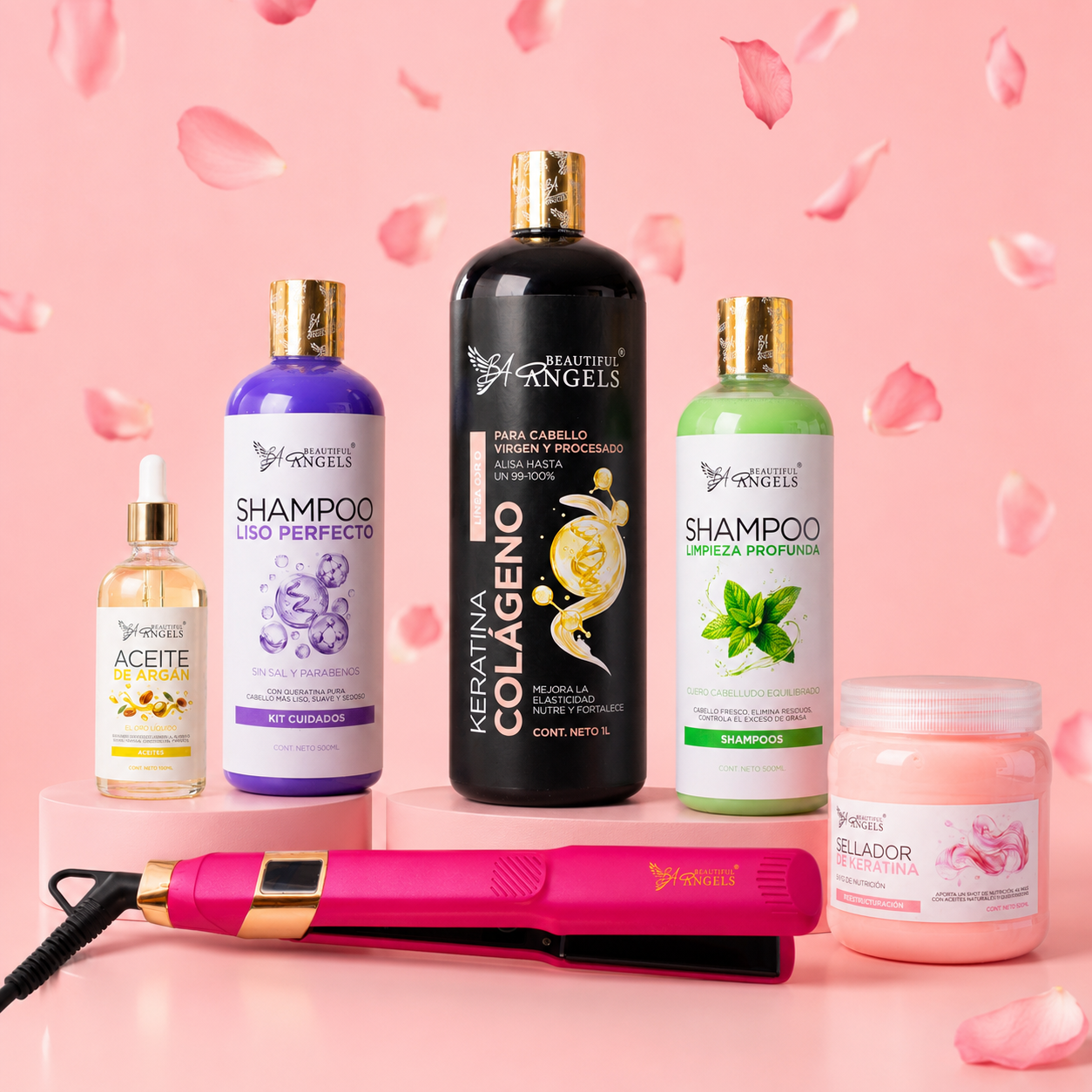 Kit Keratina Colágeno Gold 1L + Shampoo Limpieza 500ml + Shampoo Liso 500ml + Sellador de Keratina 250ml + Aceite de Argán 100ml + Plancha Beautiful Angels