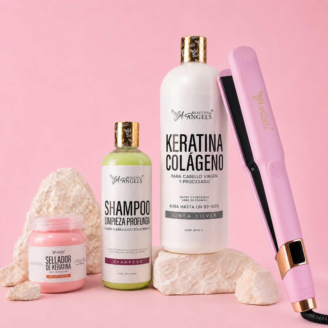 Kit Keratina Colageno Silver + Shampoo Limpieza Profunda + Sellador + Plancha Beautiful Angels Profesional