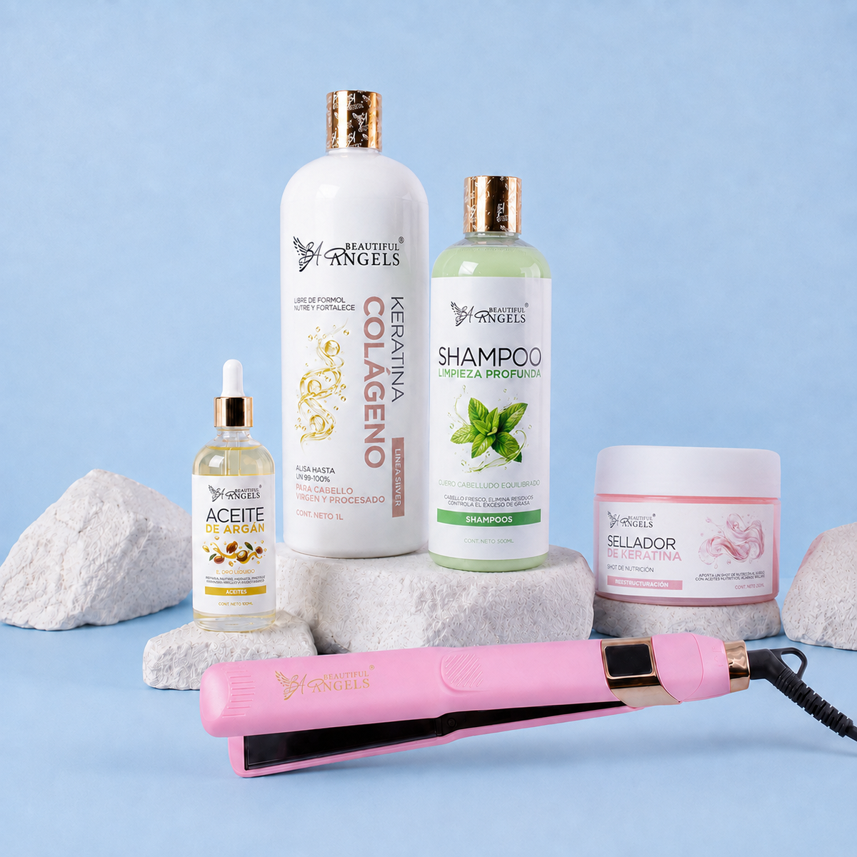 Kit Keratina Colágeno Silver 1L + Shampoo Limpieza Profunda 500ml + Sellador de Keratina 250ml + Aceite de Argán 100ml + Plancha Beautiful Angels