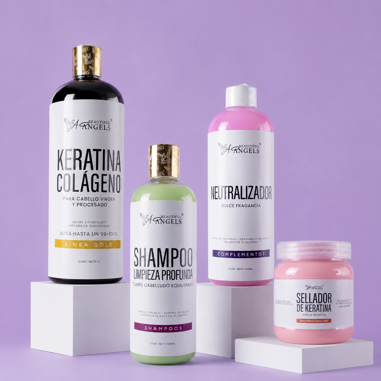 Kit Keratina Colágeno Gold + Shampoo Limpieza Profunda + Neutralizador + Sellador de Keratina: Liso sedoso, brillo renovado y acabado profesional completo.
