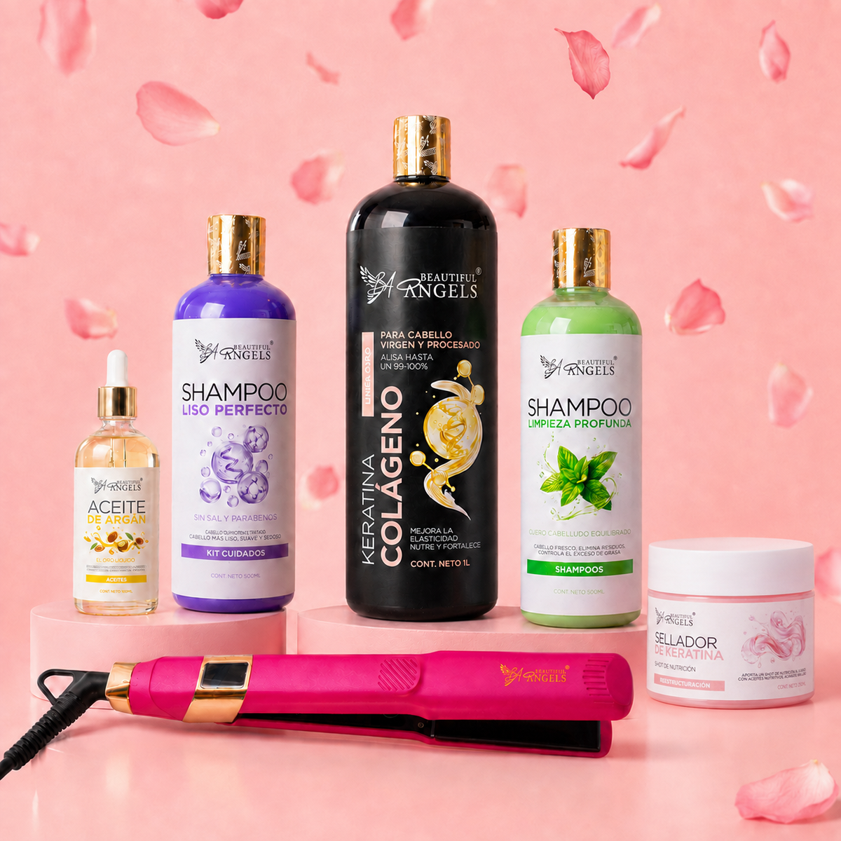 Kit Keratina Colágeno Gold 1L + Shampoo Limpieza 500ml + Shampoo Liso 500ml + Sellador de Keratina 250ml + Aceite de Argán 100ml + Plancha Beautiful Angels