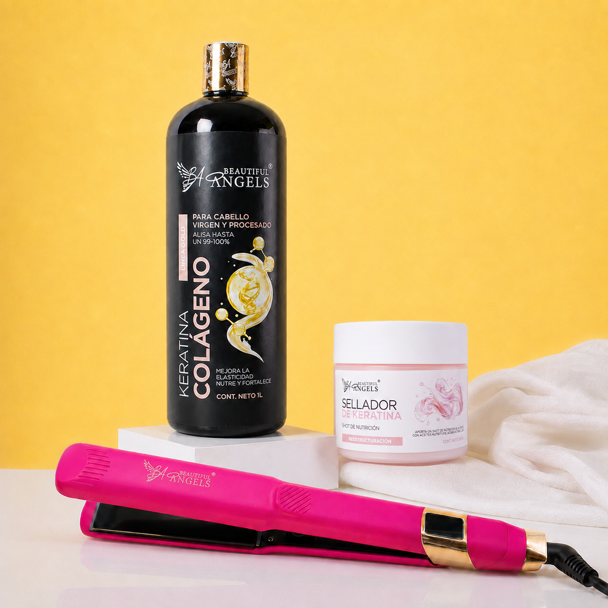 Kit Keratina Colágeno Gold 1L  + Sellador de Keratina 250ml + Plancha Profesional Beautiful Angels
