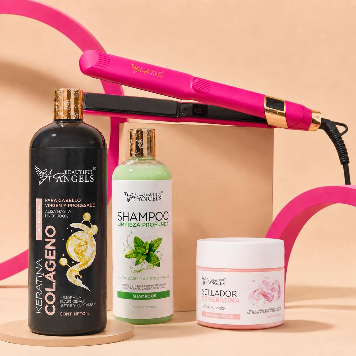 Kit Keratina Colágeno Gold 1L + Shampoo Limpieza 500ml + Sellador de Keratina 250ml + Plancha Beautiful Angels