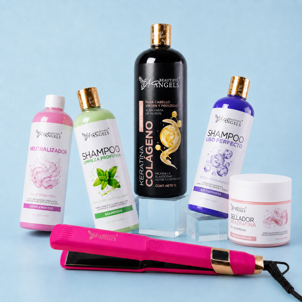 Kit Keratina Colágeno Gold 1L + Shampoo Limpieza Profunda 500ML+ Shampoo Liso Perfecto 500ML+ Neutralizador 500ML+ Sellador de Keratina 250ML + Plancha Profesional Beautiful Angels