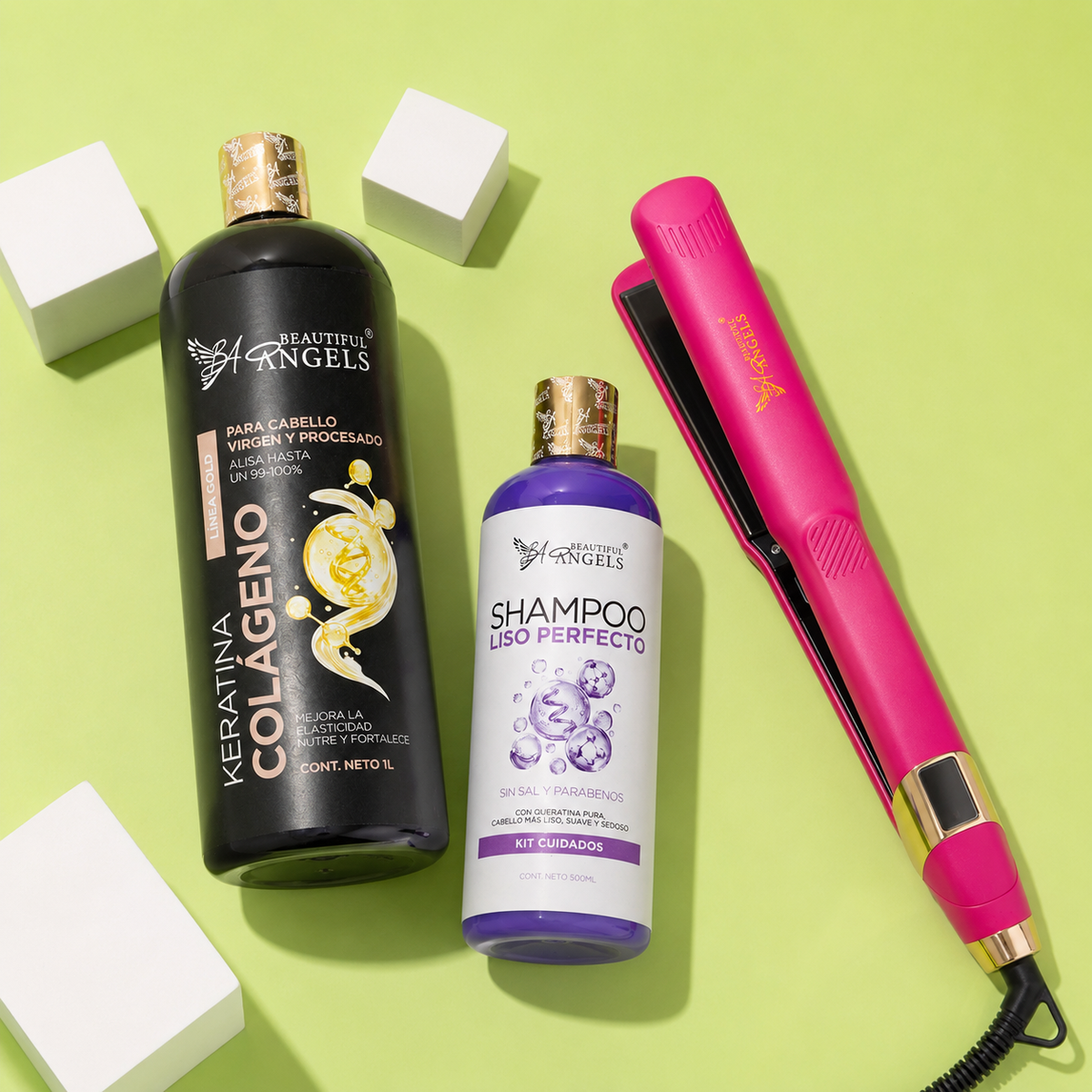 Kit Keratina Colágeno Gold 1L + Shampoo Liso Perfecto 500ml + Plancha Beautiful Angels