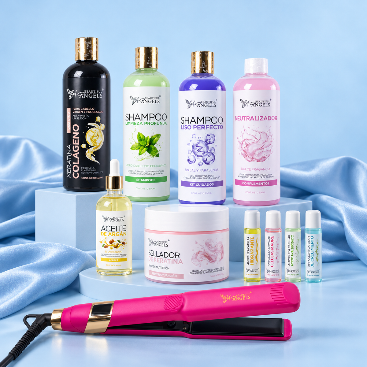 Kit Profesional Keratina Colágeno Gold Beautiful Angels 500ml — Liso Perfecto, Fuerza y Brillo con el Poder del Colágeno