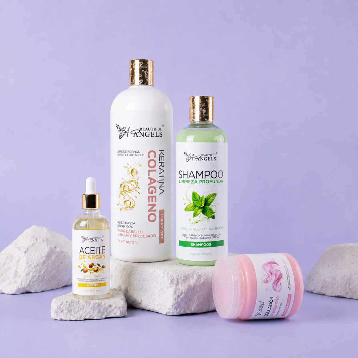 Kit Keratina Colágeno Silver 1L + Shampoo Limpieza Profunda 500ML + Sellador de Keratina 250ML + Aceite de Argán 100ML