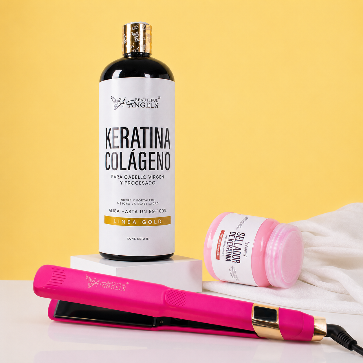 Kit Profesional de Alisado Keratina Colágeno Gold + Sellador de Keratina + Plancha Profesional de Nanotitanio