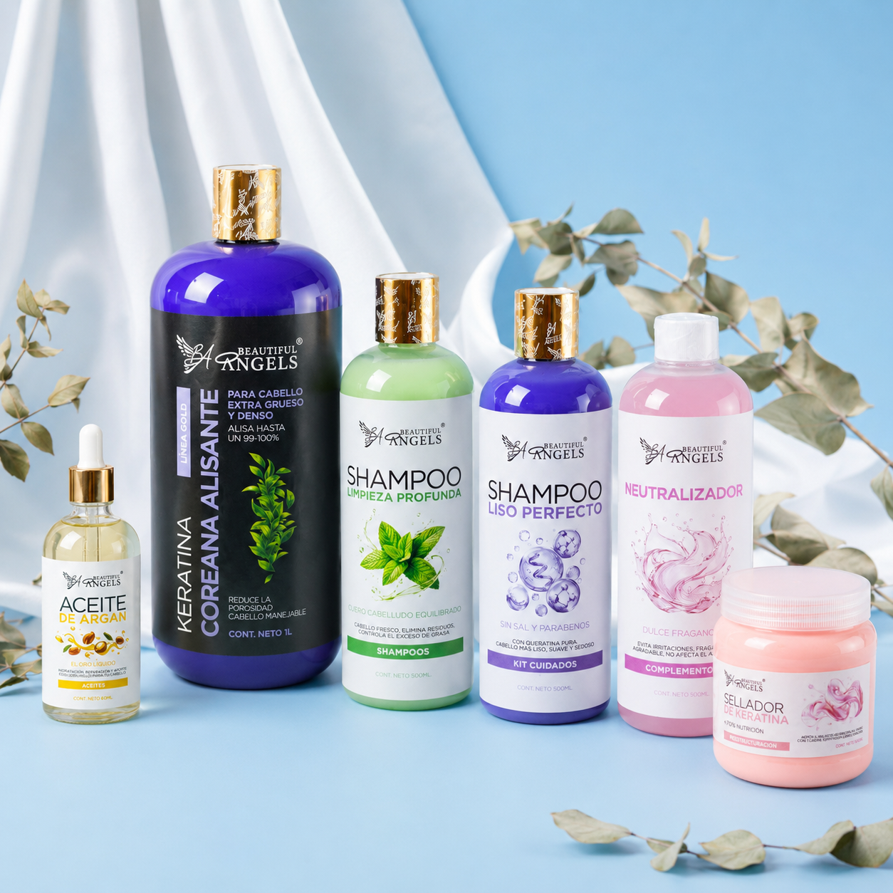 Kit Keratina Coreana Alisante Gold 1L + Shampoo Limpieza Profunda 500ML + Shampoo Liso Perfecto  500ML + Neutralizador 500ML + Sellador de Keratina 250ML + Aceite de Argán 100ML