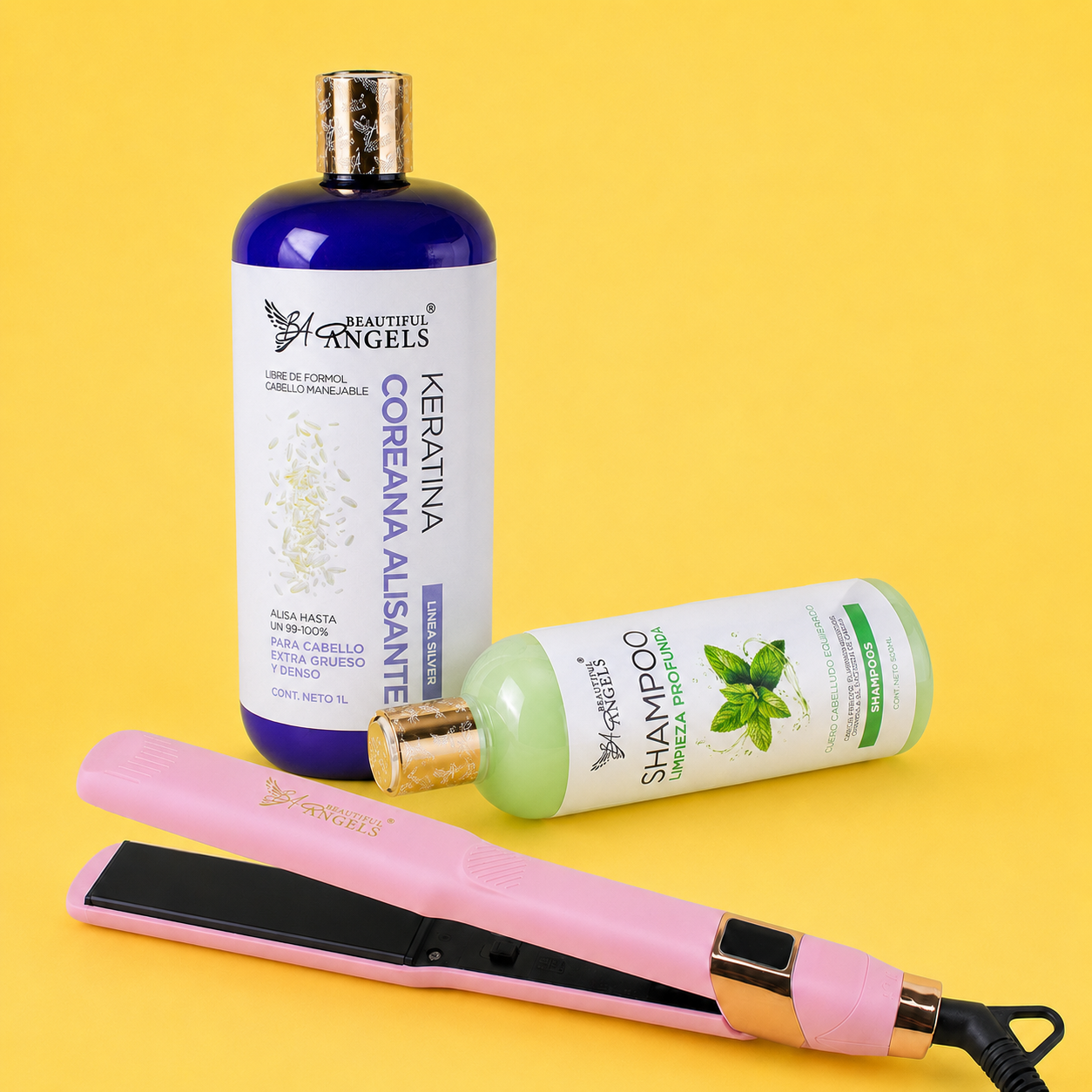 Kit Keratina Coreana Alisante Silver 1L + Shampoo Limpieza Profunda 500ml + Plancha Beautiful Angels