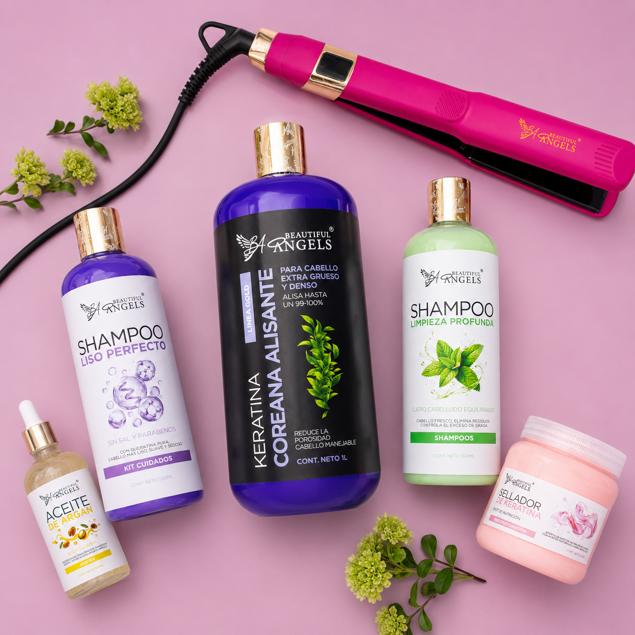 Kit Keratina Coreana Alisante Gold 1L + Shampoo Limpieza 500ml + Shampoo Liso 500ml + Sellador de Keratina 250ml + Aceite de Argán 100ml + Plancha Beautiful Angels
